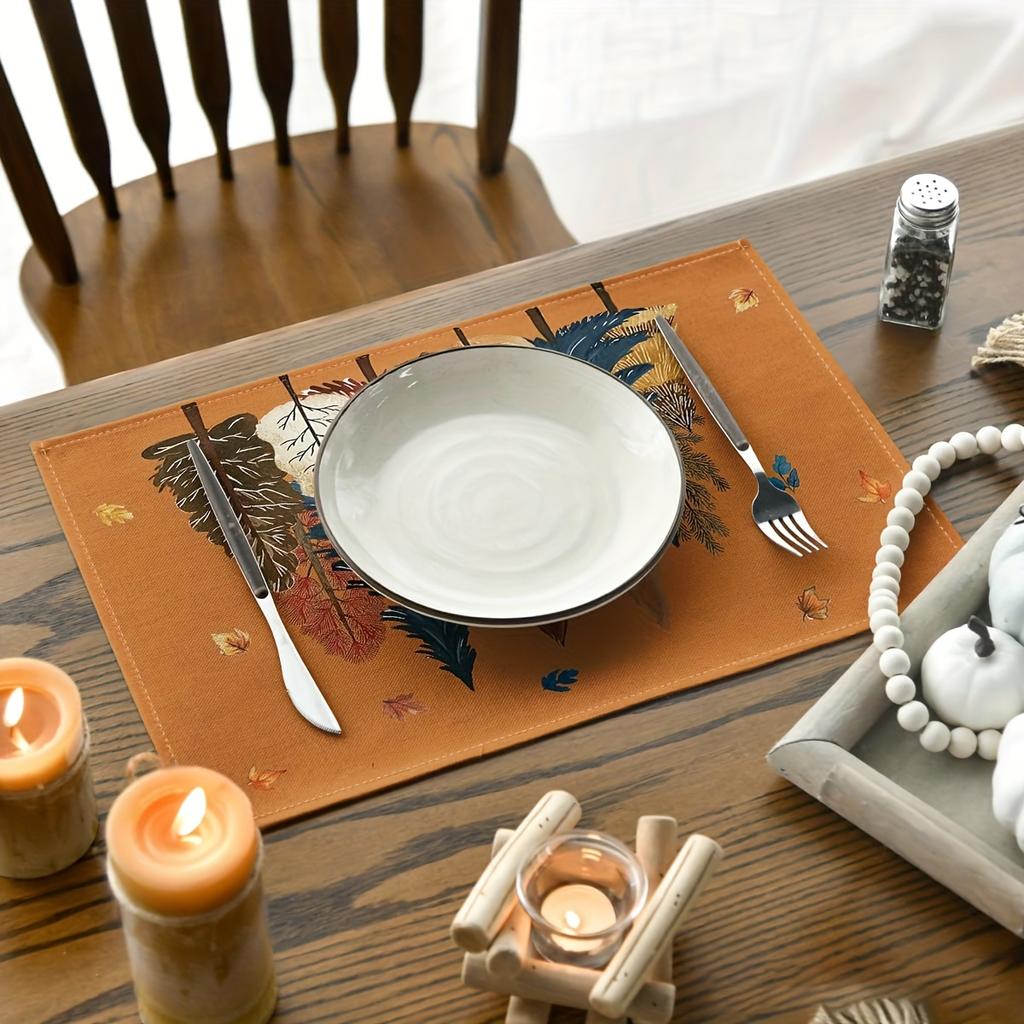 4pcs Autumn Tree Placemats – Orange & Rust Fall Forest Design, 12x18in, Vintage Style for Thanksgiving & Home Dining Decor