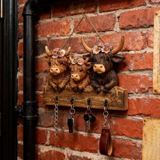 Yousheng Hochlandrind Ornamente Schlüsselhalter Wandmontiert Rustikaler Holzschlüsselhalter mit 4 Haken Kuh Wand Dekoratives Regal für Eingangsbereich Flur Bauernhaus