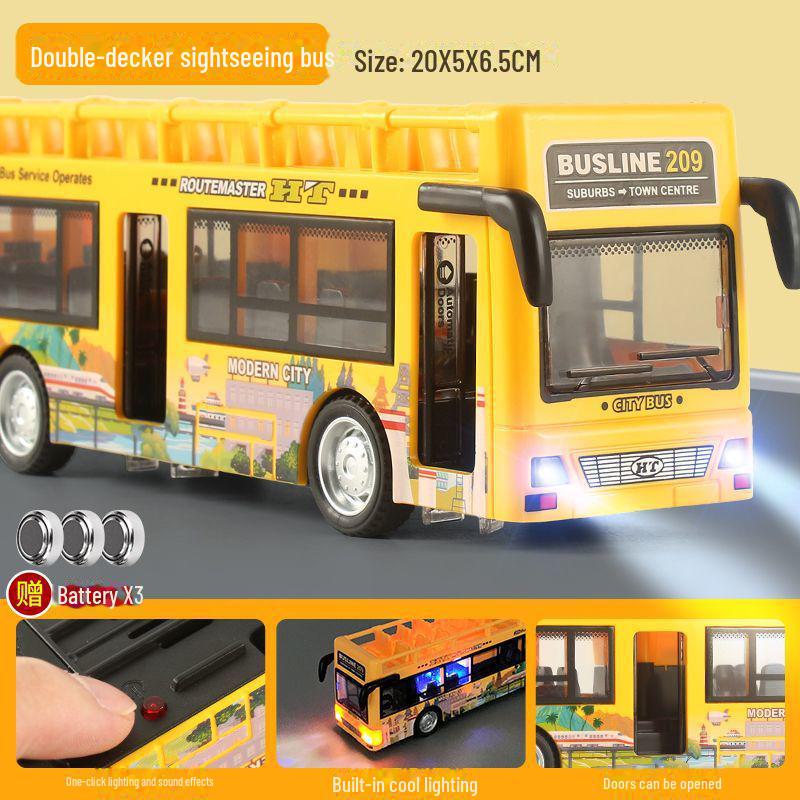 Children's Double-Decker Bus Toy with Open Doors, Lights, Music, and Inertia Simulation for Sightseeing and Public Transport Play.