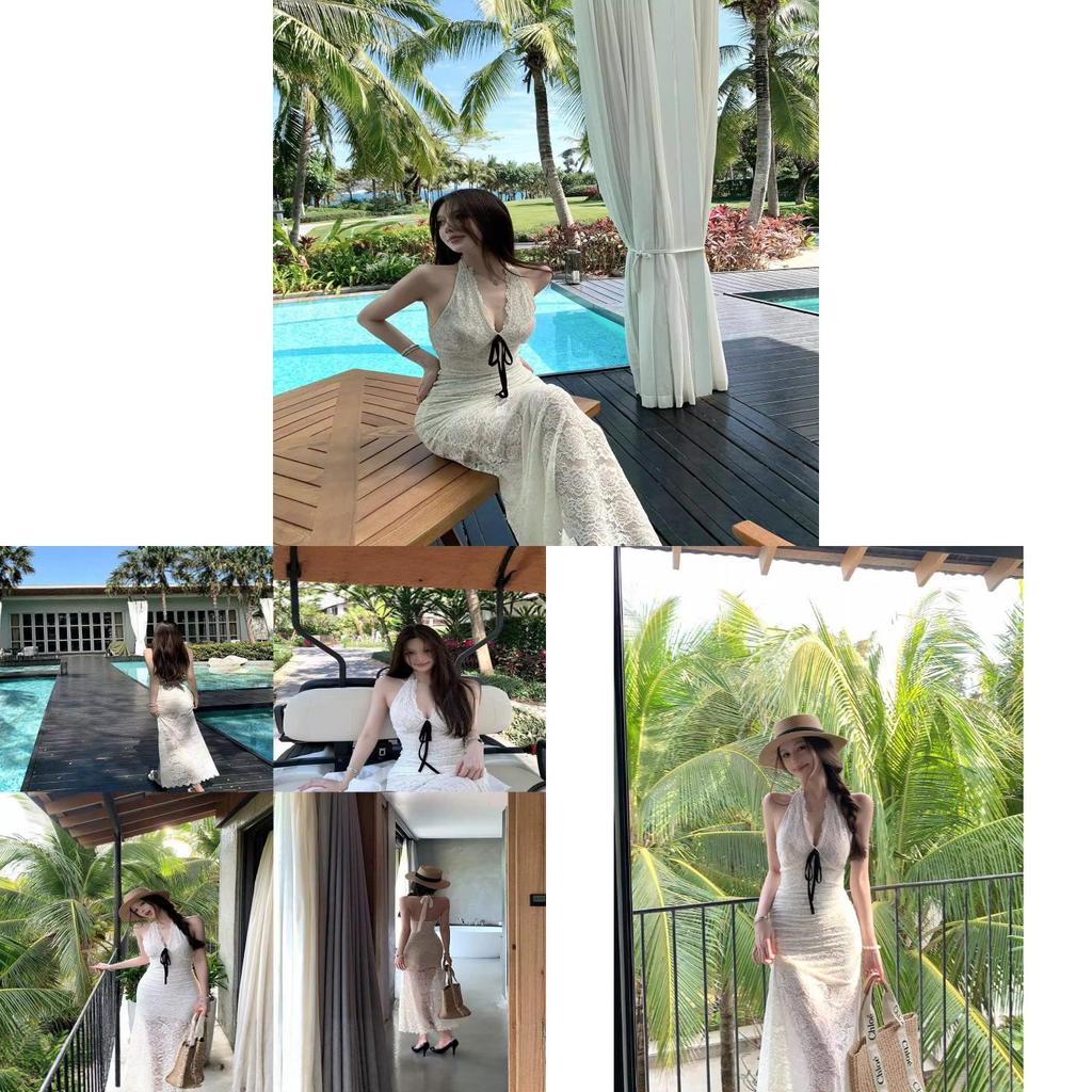 Summer Lace Spliced Backless Dress For Beach Vacation With Slim Fit Design