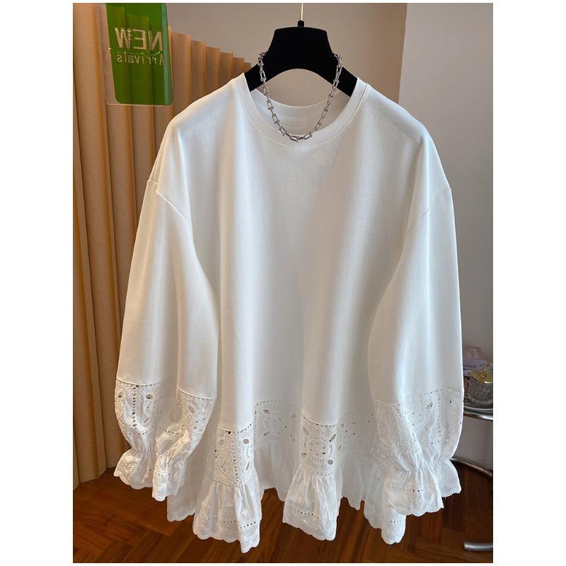 Women S Plus Size White Lace Splicing Long Sleeve T Shirt Loose Round Neck Top
