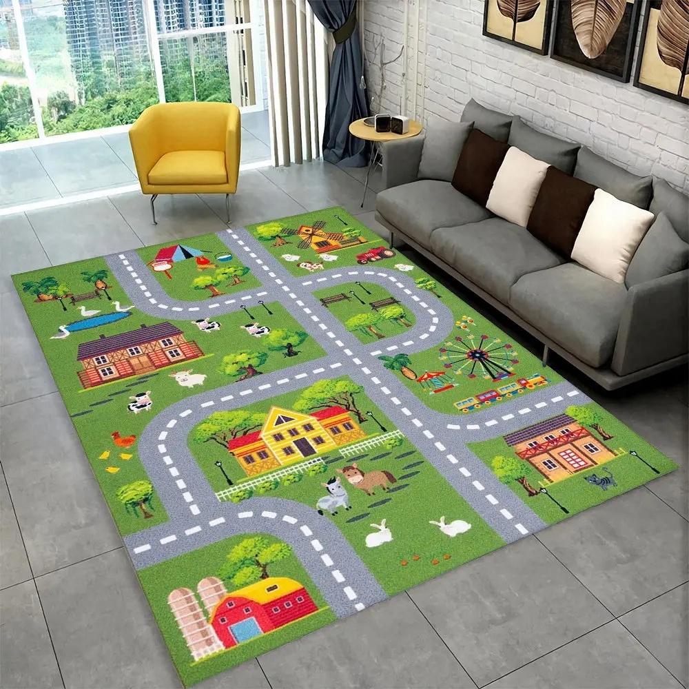 Interactive Kids' Playmat with City Roads Traffic Theme Rug for Playroom Non-Slip Carpet for Living Room or Bedroom Floor Mat