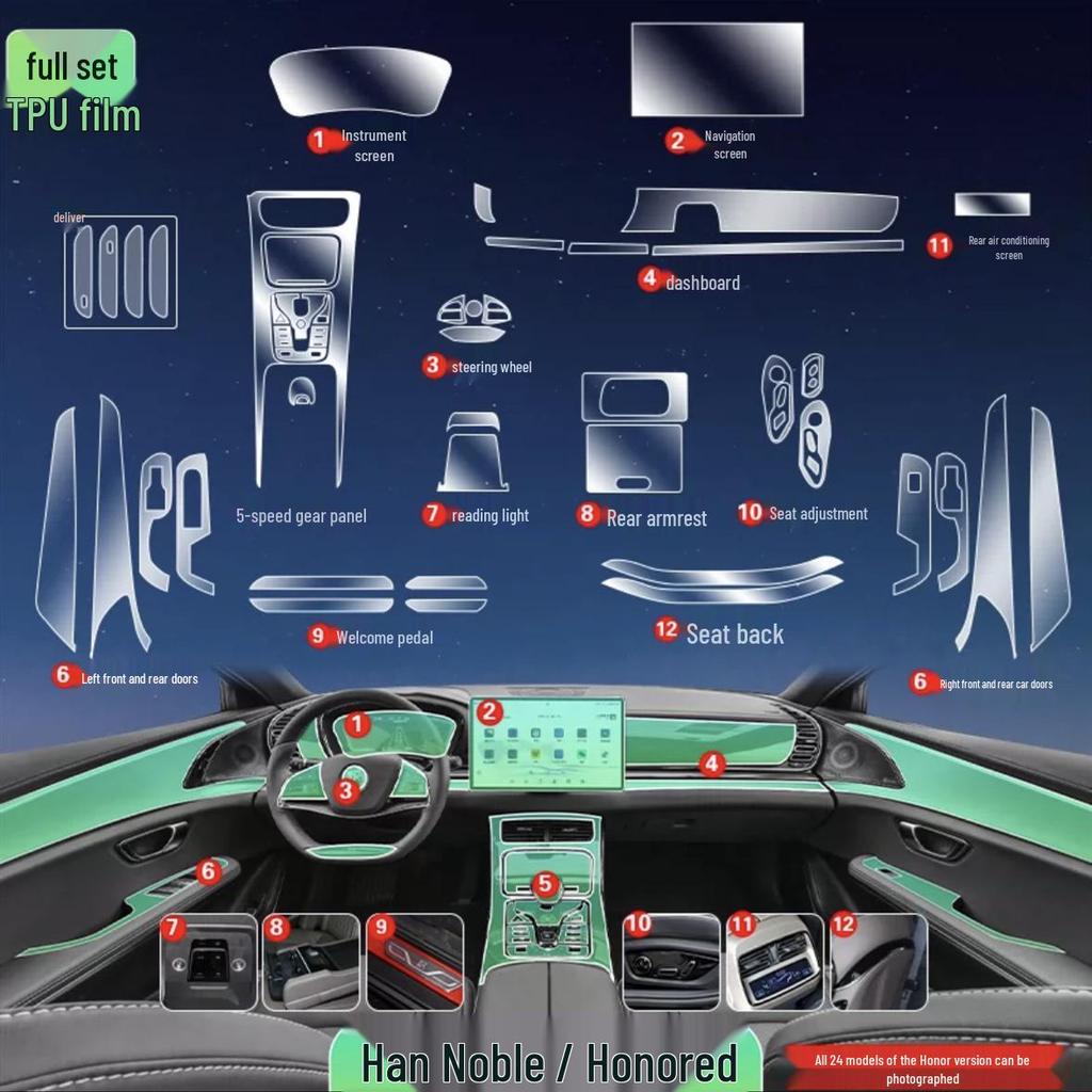 BYD Han Innenfolien-Set: Passend für 25 Modelle - Enthält TPU-Folien für Navigationsbildschirm, Schalthebel, Scheinwerfer und B-Säule