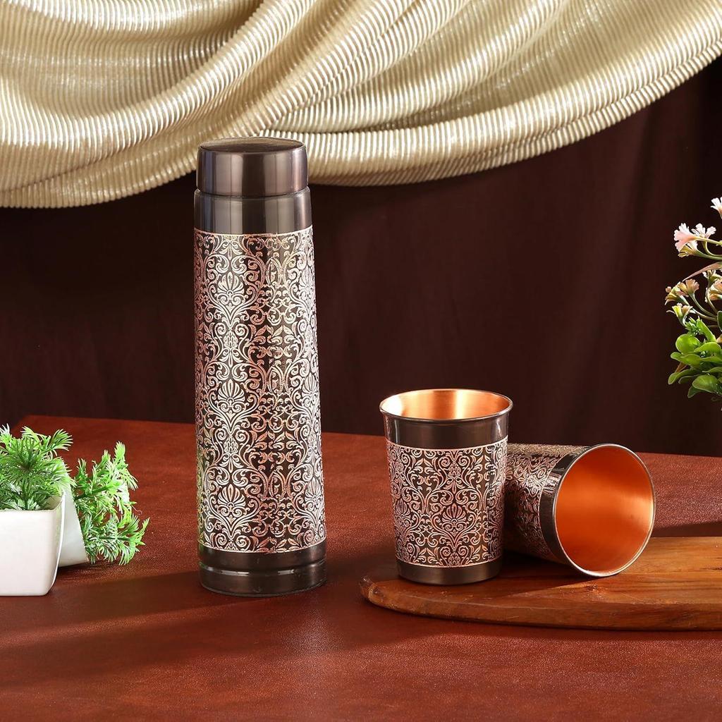 Láhev z čisté mědi se 2 sklenicemi Dárková sada (Starožitná svědivá věž)