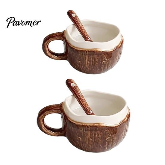 Unique Textured Breakfast Bowl Vintage Coconut Shell Ceramic Mug, Handmade Irregular Coffee Cup with Spoon, Cereal Mug Rustic Texture Oatmeal Tea for