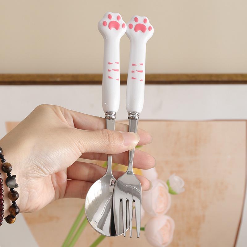 Girly Cat Paw Stainless Steel Cutlery Set - Chopsticks, Fork & Spoon