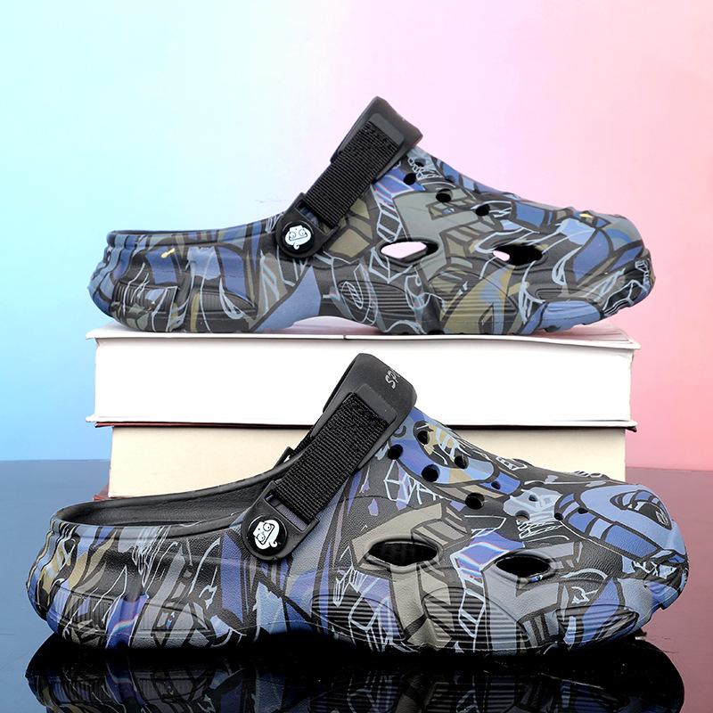 

2025 лето внешнеторговые дырявые туфли мужские для вождения сумка голова тапочки тренд камуфляж садовые туфли для ходьбы по воде носить на улице пляжная обувь 45 чёрный