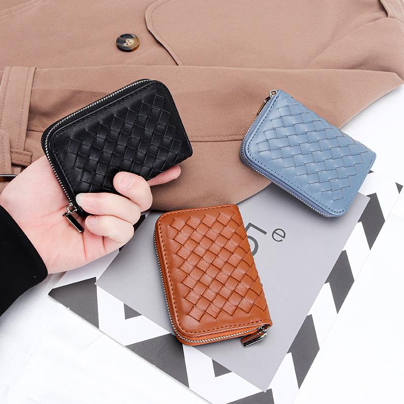 Genuine leather short small card bag 2025 new women's sheepskin hand-woven fashion card cover multi-card change bag women