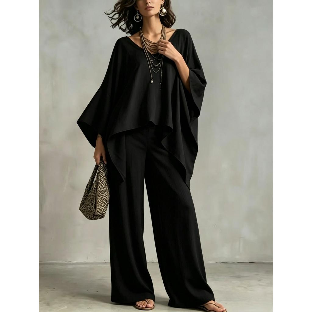 Women's new loose V-neck top high waist wide legs casual vacation style solid color suit