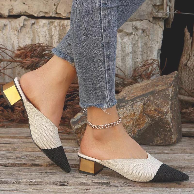 2025 Spring and Summer New Bag Head Half Slippers Women's Flying Woven Mid-heel Pointed Mueller Shoes Thick Heel Wear Lazy Cool Slippers
