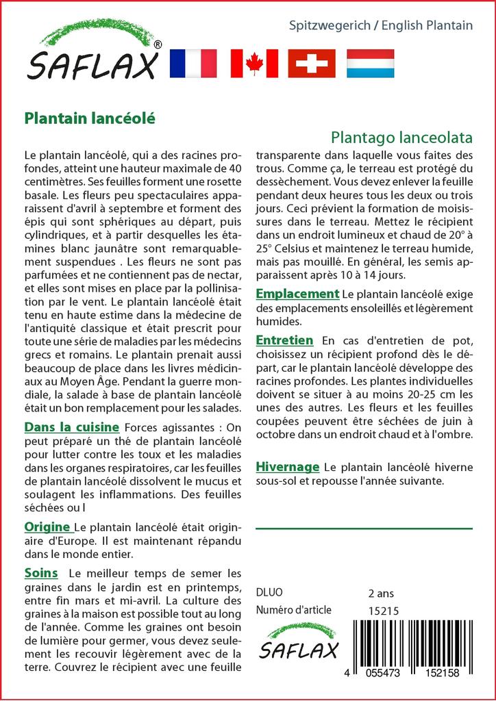 SAFLAX Zahrada v sáčku - Jitrocel kopinatý - 100 semen - Se substrátem ve vhodném stojacím sáčku - Plantago lanceolata