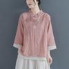 Women's V-Neck Retro Embroidered Cotton-Linen T-Shirt, 3/4 Sleeve, Spring-Summer-Autumn 2024, Casual Literary Style.