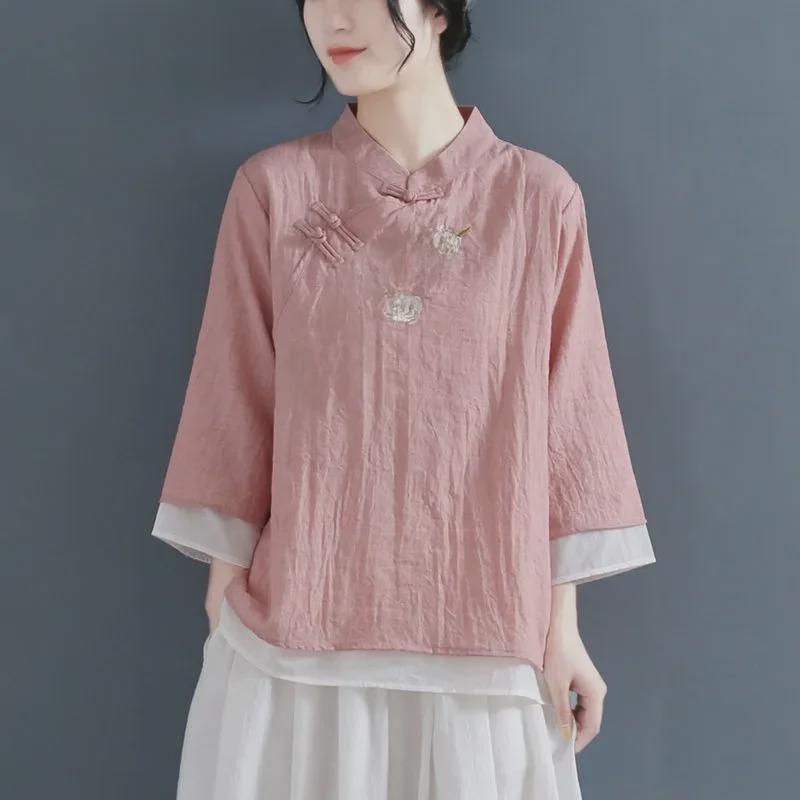 Women's V-Neck Retro Embroidered Cotton-Linen T-Shirt, 3/4 Sleeve, Spring-Summer-Autumn 2024, Casual Literary Style.