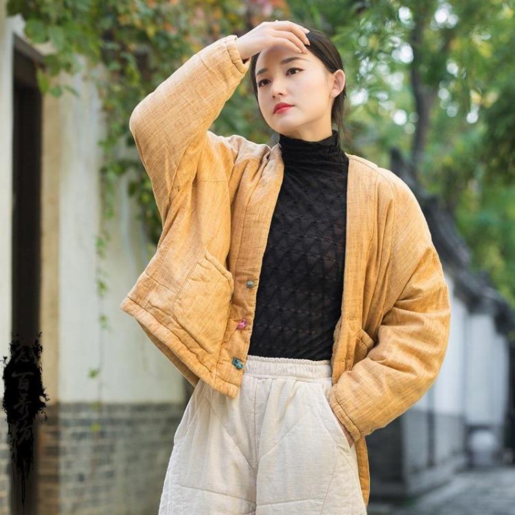 Chinese Style Women Vintage Linen Parkas Winter Warm Coats with Long Sleeve and Pockets