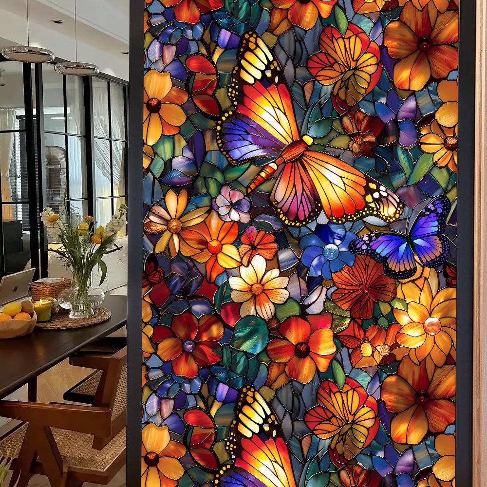 Colorful Retro Floral & Bird Static Cling Window Film - No Glue, Removable
