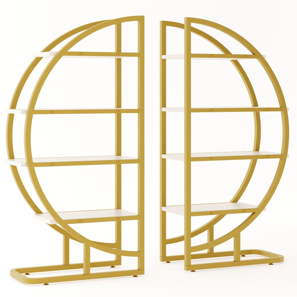 120×30×130 Cm Round Arch Standing Shelf – 2-Piece Metal Bookshelf with Gold Frame & 4 White MDF Shelves, for Living Room, Kitchen & Decoration