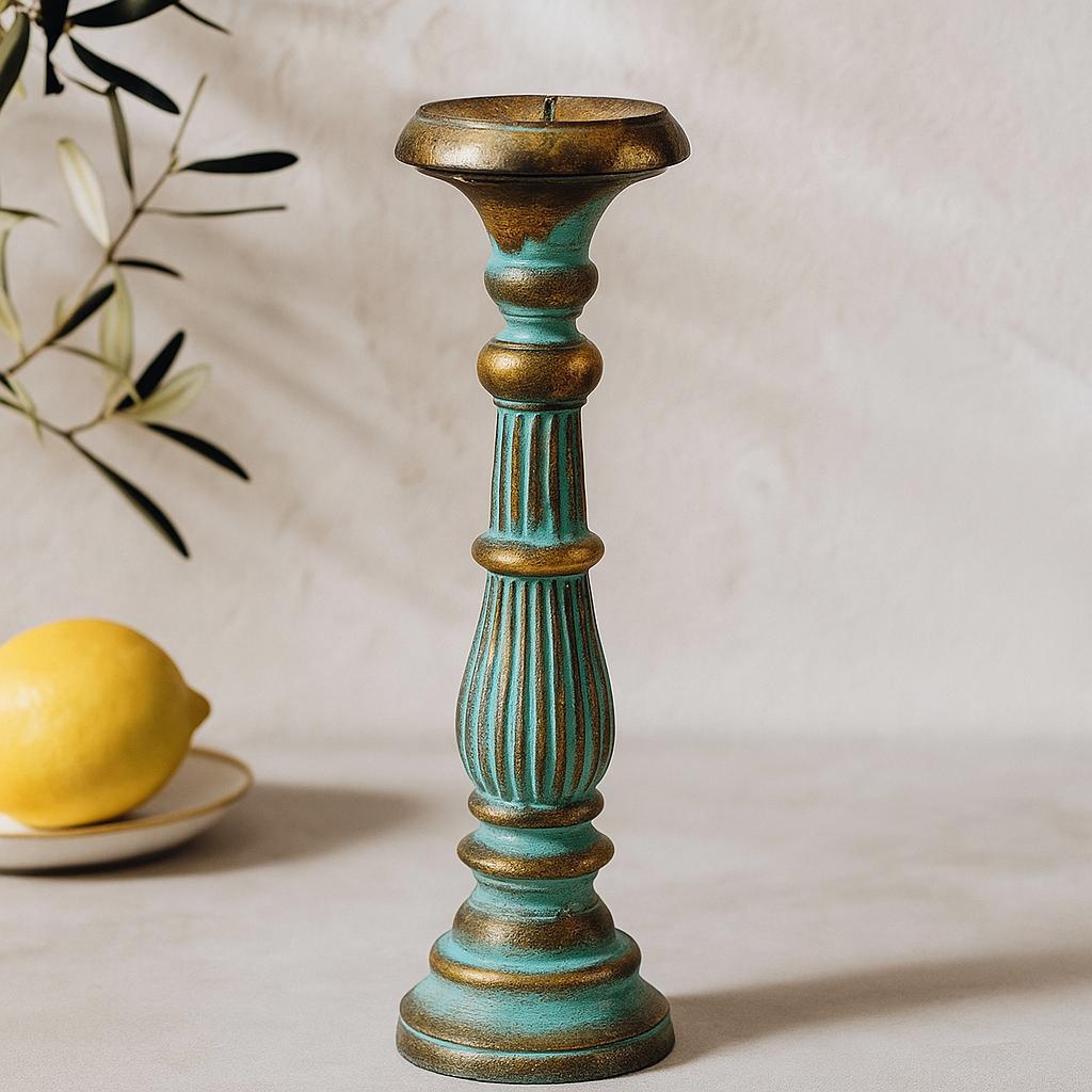 Shamtam Turquoise/Gold Candle Holder, Large Wooden