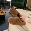 Baotou lazy person one foot half drag hair shoes women wear 2025 autumn and winter flat bottom warm piled thick hair slippers