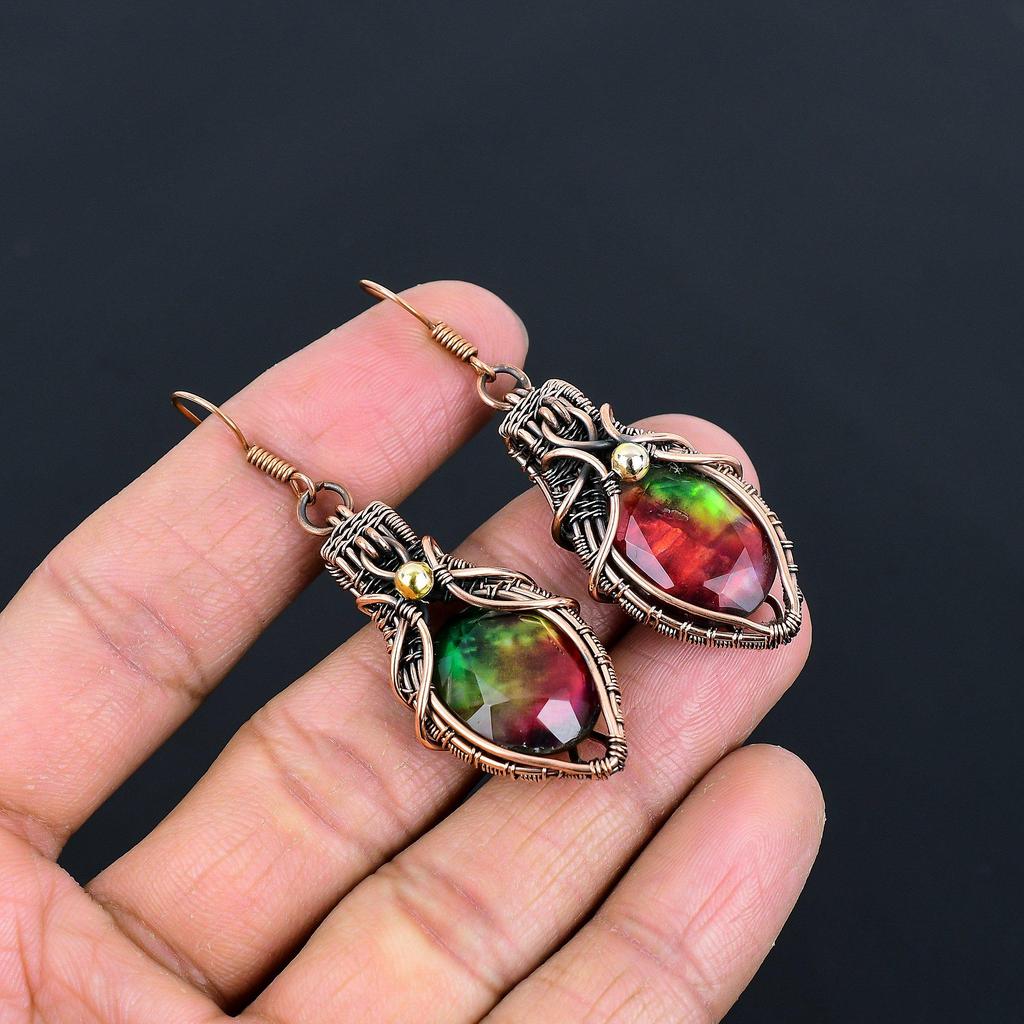 Ammolite Earrings Gemstone Jewelry, 999 Copper Wire Wrapped Handmade Earrings, Latest Design Jewelry
