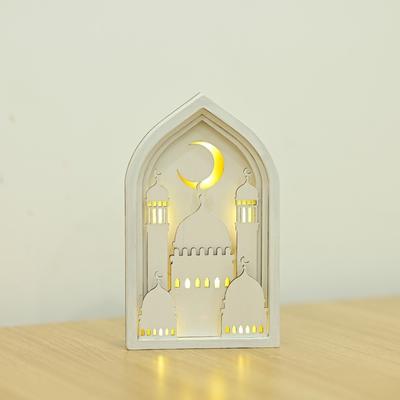 Handmade Creative Eid Desktop Ornament Moon LED Night Light Ornament Small Carved Eid Wooden Decoration Scene Layout