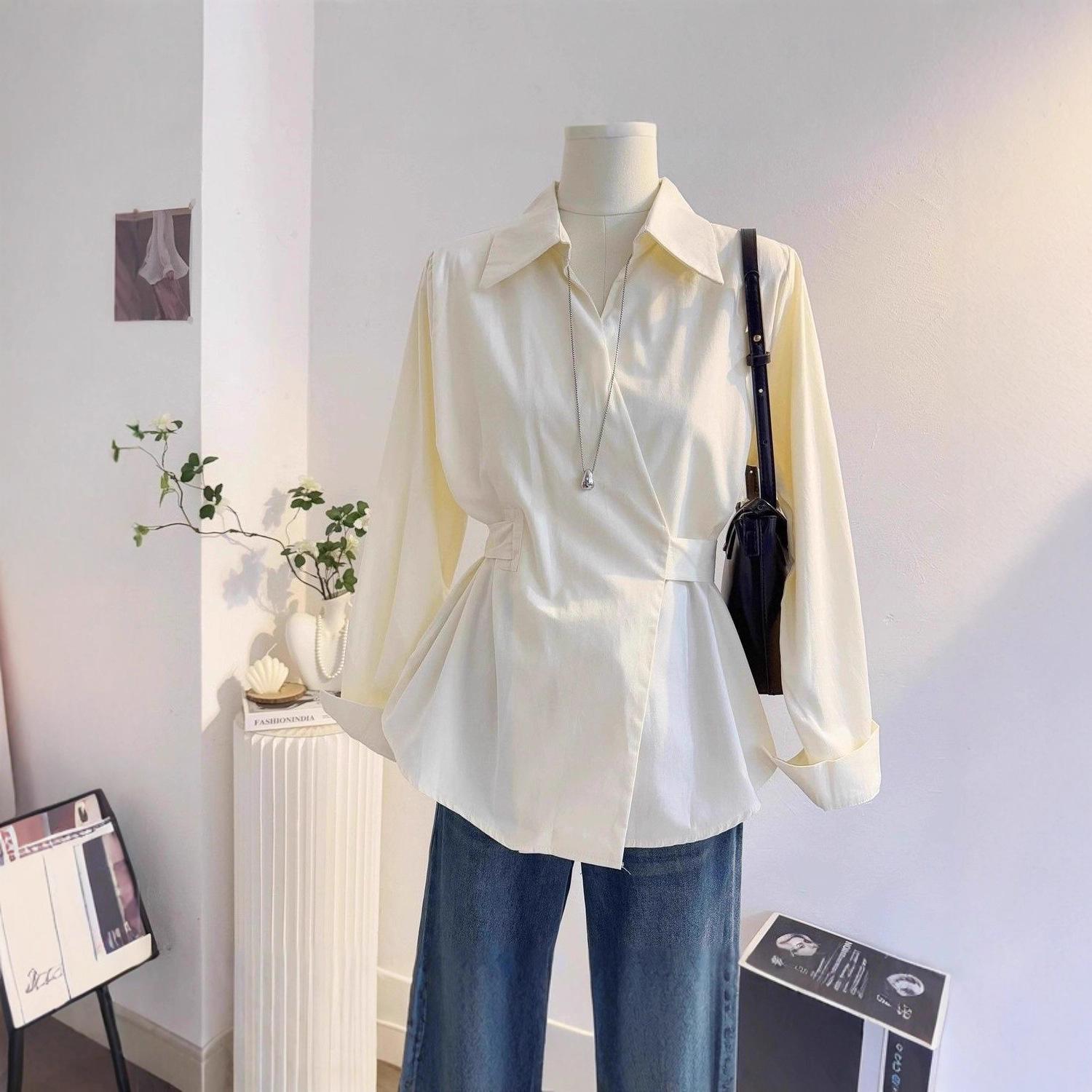 

Strappy Waist Cinched Long Sleeved Shirt for Women in The Autumn Designed for Commuting Korean Style Top S абрикосовый