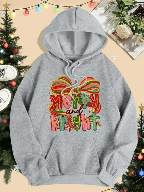 Merry & Bright Bow Print Women's Hoodie - Autumn/Winter Loose Pullover