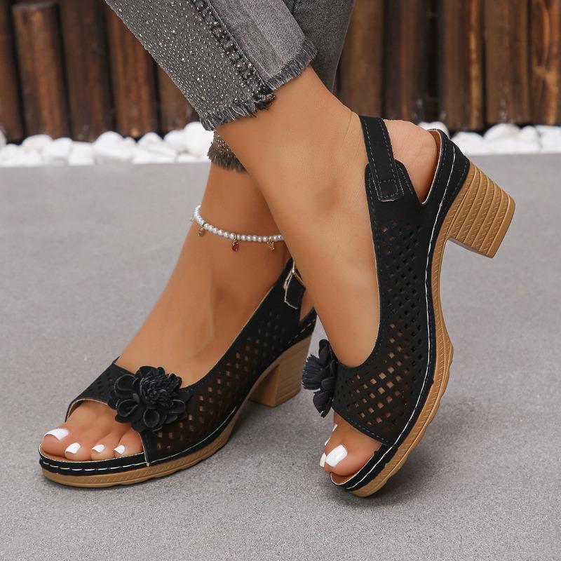 Flower High Heel Sandals Summer New European and American Fashion Block Heel Buckle Women's Sandals