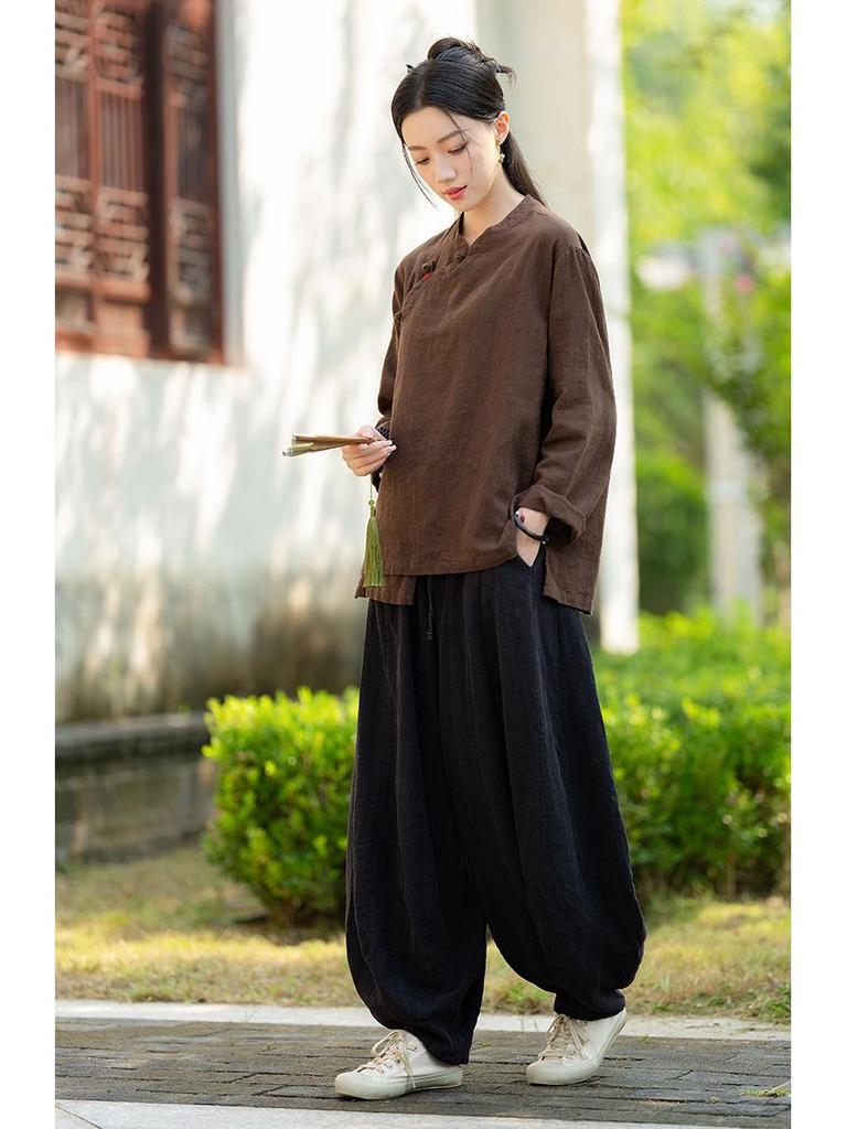 New Women's Cotton Linen Retro Stand Collar Shirt with Frog Buttons