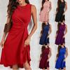 Women's Crew Neck Sleeveless Midi Dress High Waist Ruched Irregular Ruffle Hem Solid Color Bodycon Dress