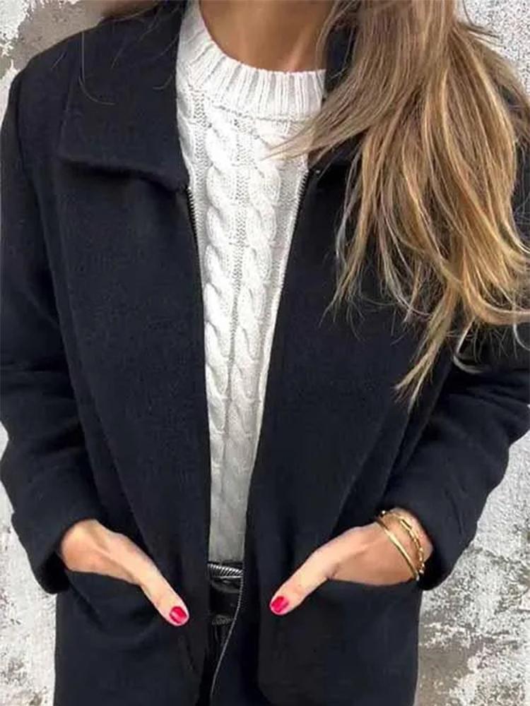 Autumn and Winter New Women's Lapel Solid Color Zipper Pocket Jacket Medium-length Coat