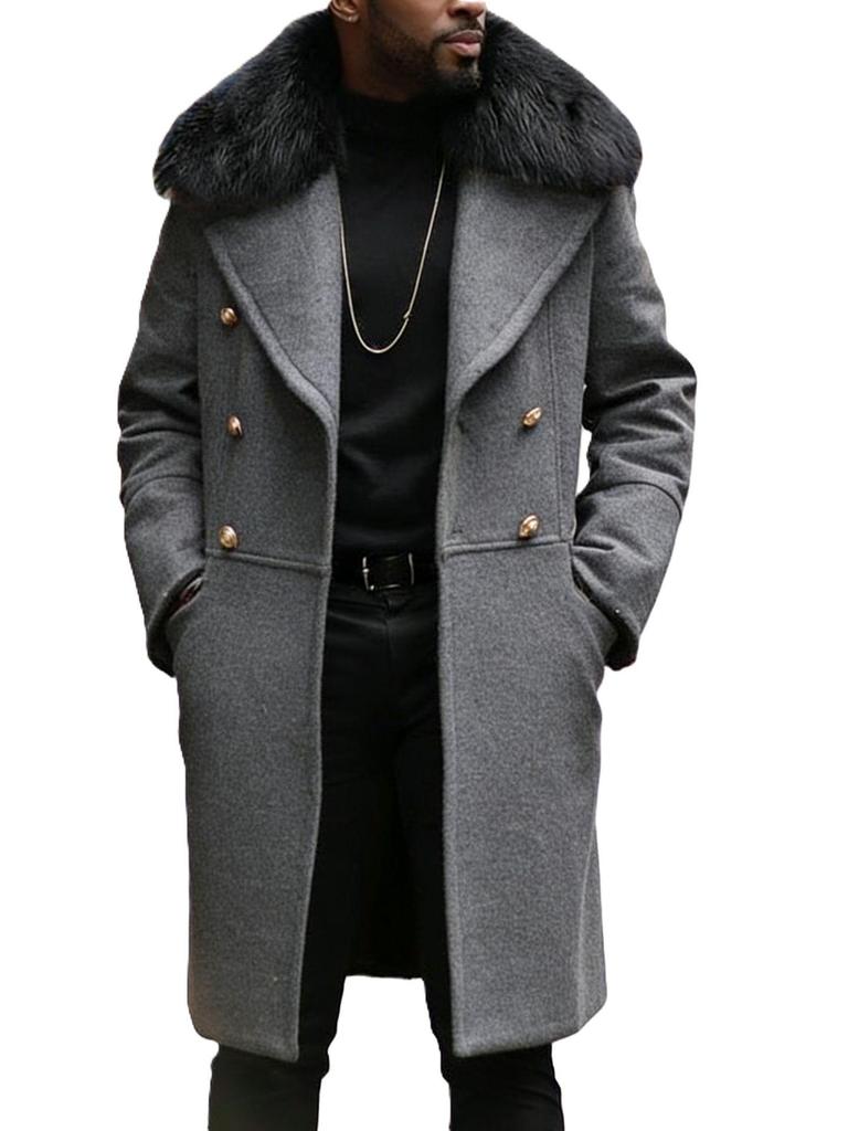 Men's Plus Size Double-Breasted Fur Collar Wool Coat