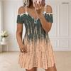 Women Plus Size Cold Shoulder V Neck Short Sleeve Chain Straps Zipper Blue Printed Dress