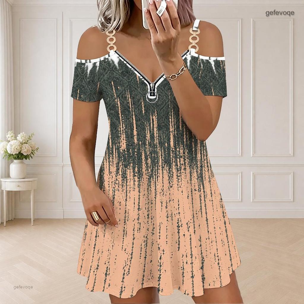 Women Plus Size Cold Shoulder V Neck Short Sleeve Chain Straps Zipper Blue Printed Dress