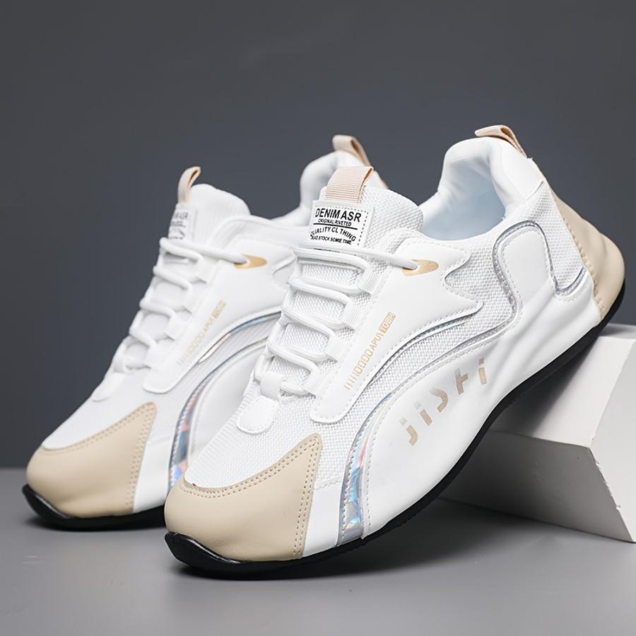 Men's Fashion Casual Sneakers - Breathable Mesh Upper, Anti-Slip Sole, Lace-Up Design In White and Black with Golden Accents, All-Season Sneakers