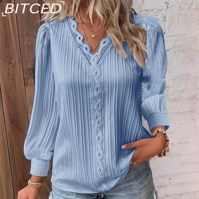 Autumn Women's Long Sleeve V-Neck Lace Patchwork Blouse Shirt