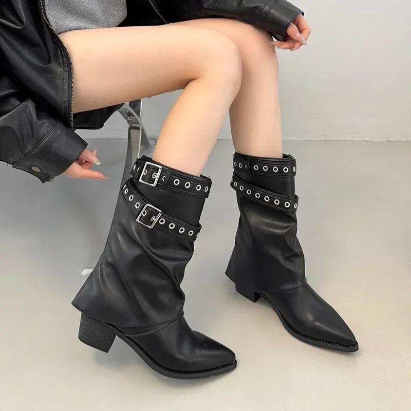 

2025 New Metal Belt Buckle Block Heel Single Boots Women s Fashion Pointed Toe Sleeve Pleated Mid-Cylinder Stack Boots 35 чёрный