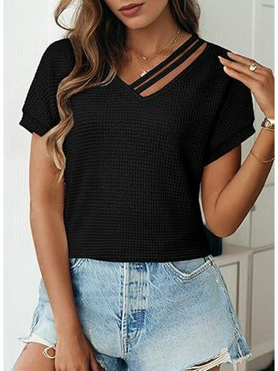 European & American Women's Waffle Knit V-Neck Short Sleeve Shirt