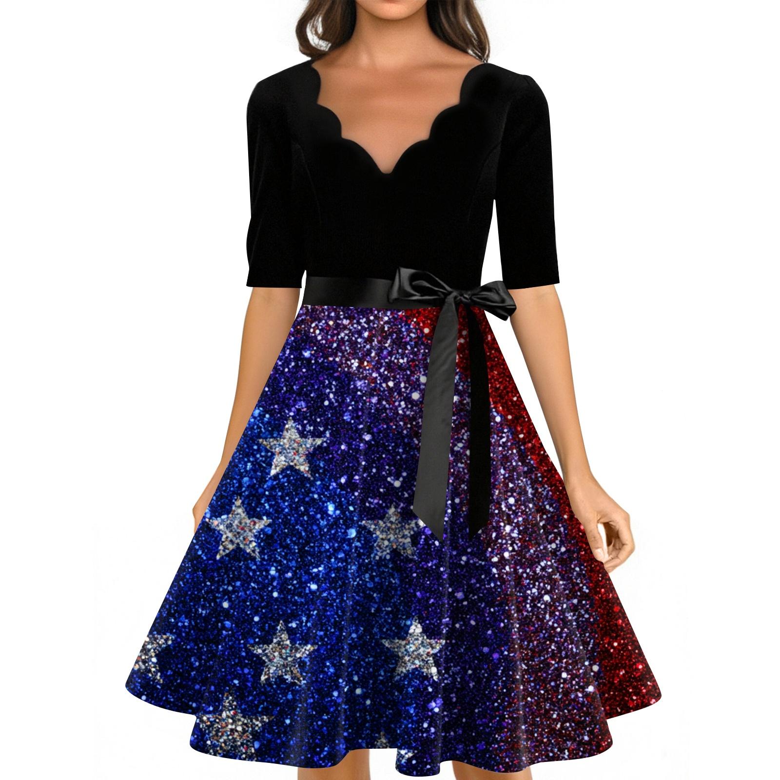

Women Scalloped Neck Half Sleeve A Line Dress with Printed Skirt and Waist Tie for Casual or Party Wear L синий