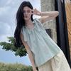Mint Green Bow Tie Shirt for Women, Summer Trendy Pleated Sleeveless Ankle Top, Petite Short Blouse