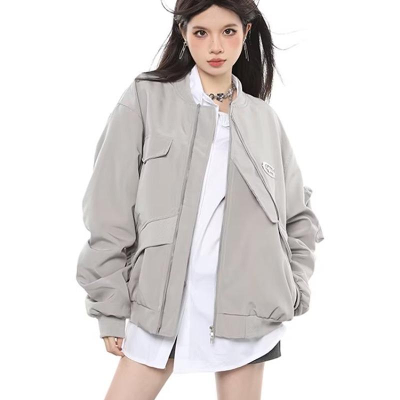 

Women s Spring/Autumn 2025 Grey-Black Zipper Baseball Flight Jacket 3XL