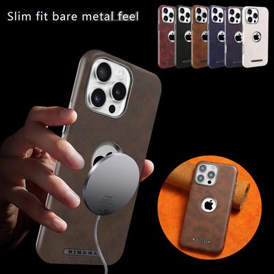 Luxury Genuine Leather Case with MagSafe For iPhone 16 15 14 13 Pro Max 16Pro 15Pro Electroplated Shockproof Cover Wireless Charging Protective Cases