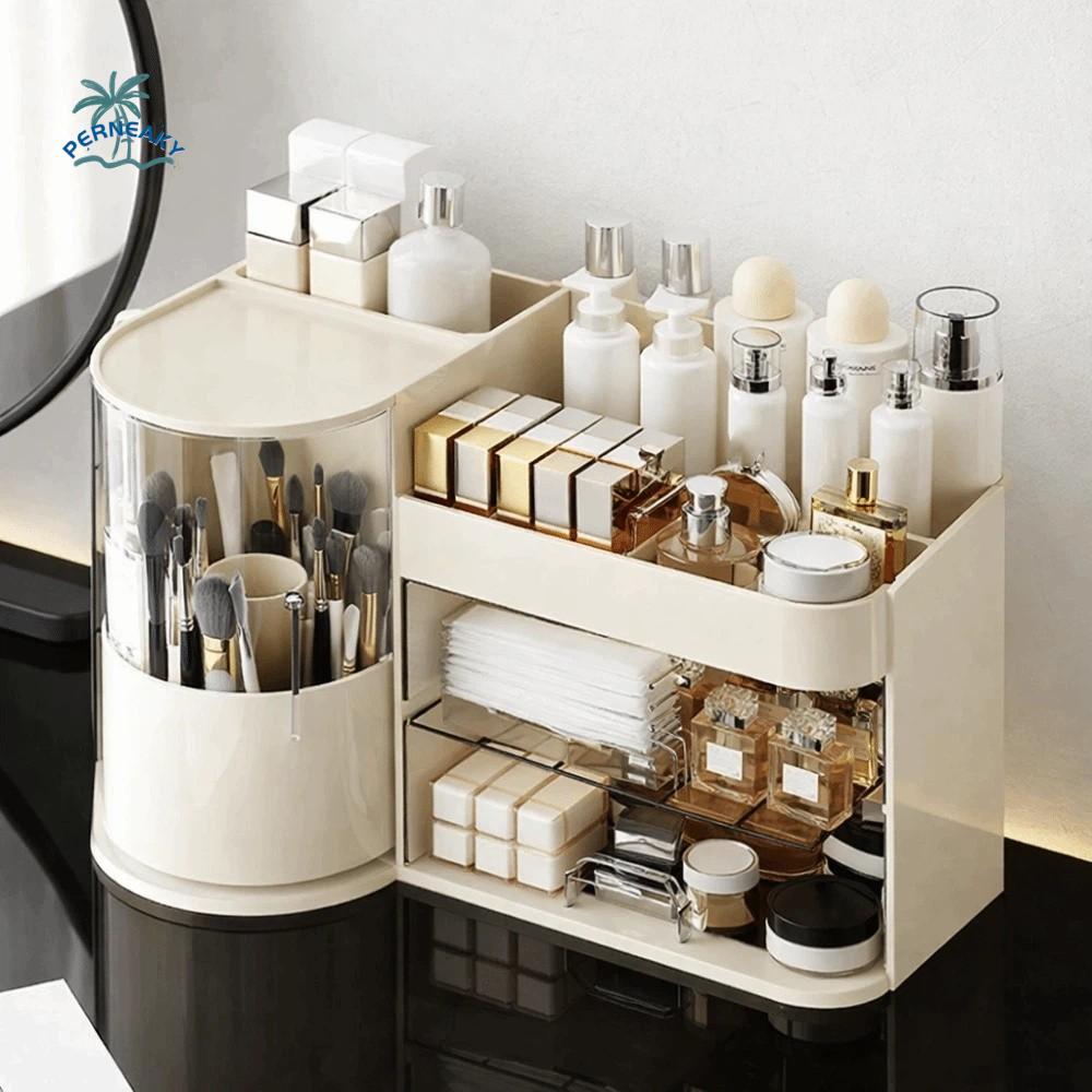 Plastic Cosmetic Storage Box Large Capacity Dust-proof Rotating Brush Holder Space Saving Detachable Skincare Display Cases
