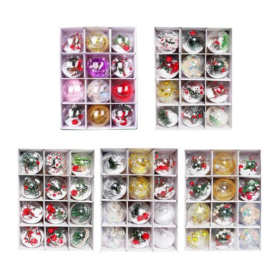12 Pcs Clear Christmas Ball Ornaments 2.36" Shatterproof Plastic Hanging Xmas Tree Baubles Set with Stuffed Decorations for Holiday Party Home Decor