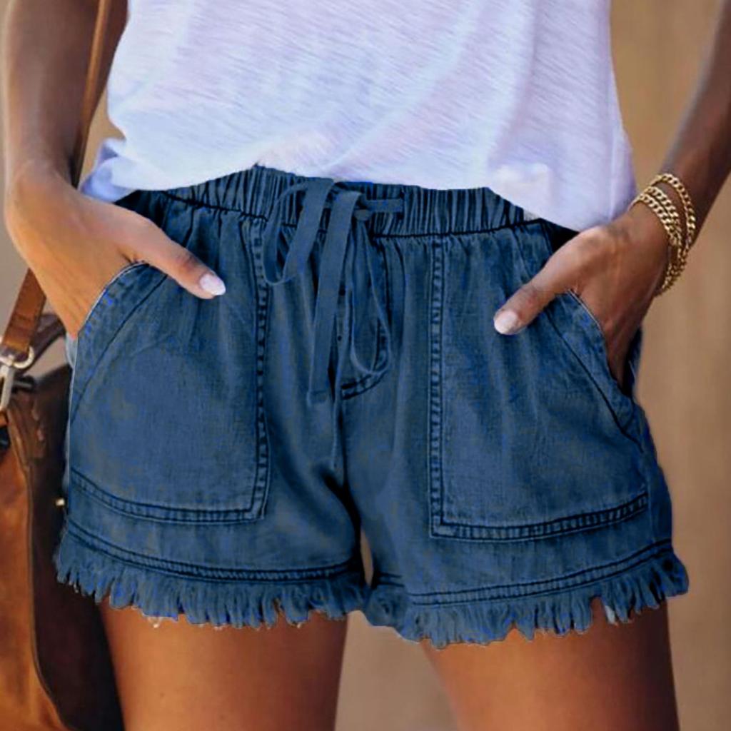 Elastic Waist Color Casual Slimming Denim Shorts For Women's Hot Pants