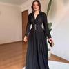European Elegant Long-Sleeve Polo Collar Pleated Dress - Solid Color, New Style Fashion