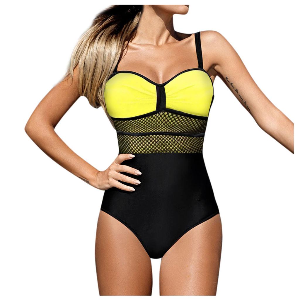 Casual Women Mesh Stitching Sling One-piece Swimsuit Sexy Color Swimsuit