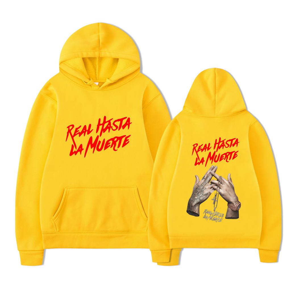 Anuel AA Hoodie Unisex Double Sided Fleece Sweatshirt, Real Hasta La Muerte Red Script & Tattooed Hands Rosary Print, Latin Trap Hip Hop Streetwear