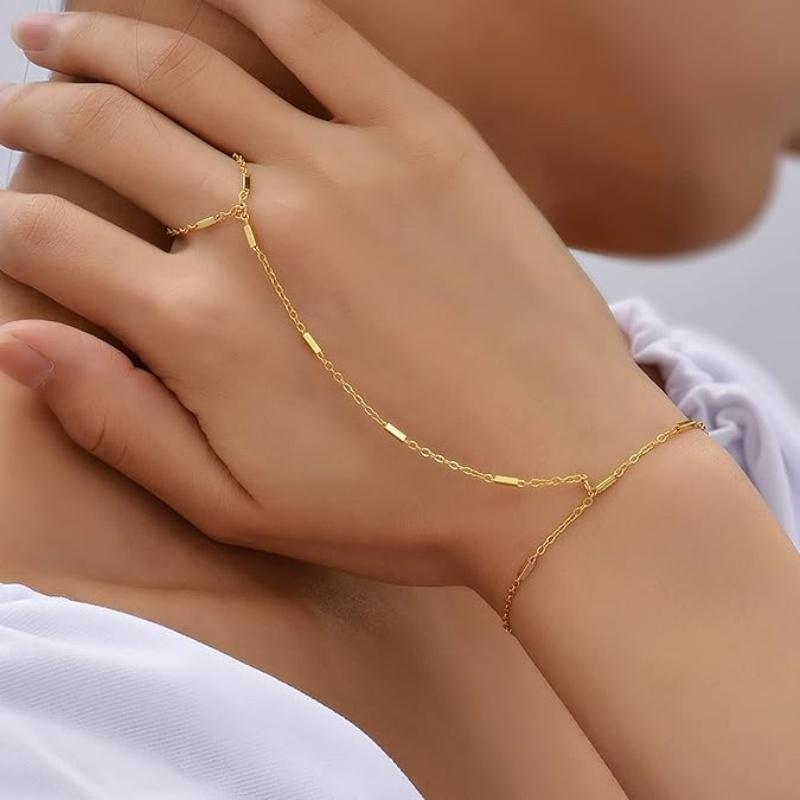 Gold CopperColor Bead Chain Bracelet For Women Trendy Ring Bracelet Hand Chain Finger Ring Slave Cuff Bracelet Mothers Day Gift
