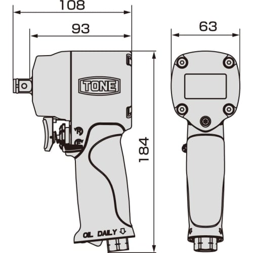 TONE Air Impact Wrench (Short Type) AI4201 Drive Angle 12.7mm (1/2") Red 700Nm