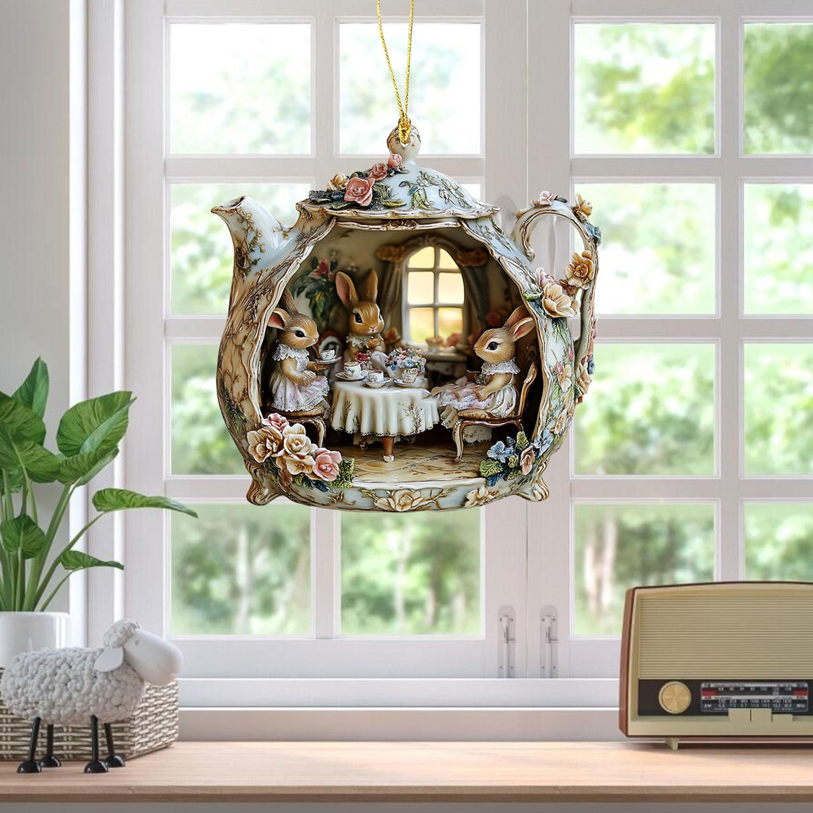 

Rabbit in Teacup 2D Acrylic Pendant - Stained Glass Style Hanging Ornament for Backpack/Car Mirror/Window, Warm Home Decor